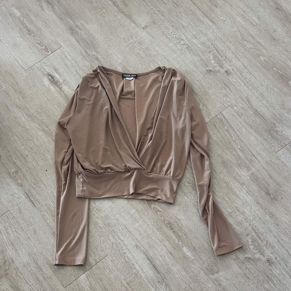 Vintage Fashion Nova Tan Long Sleeve Wrap Blouse